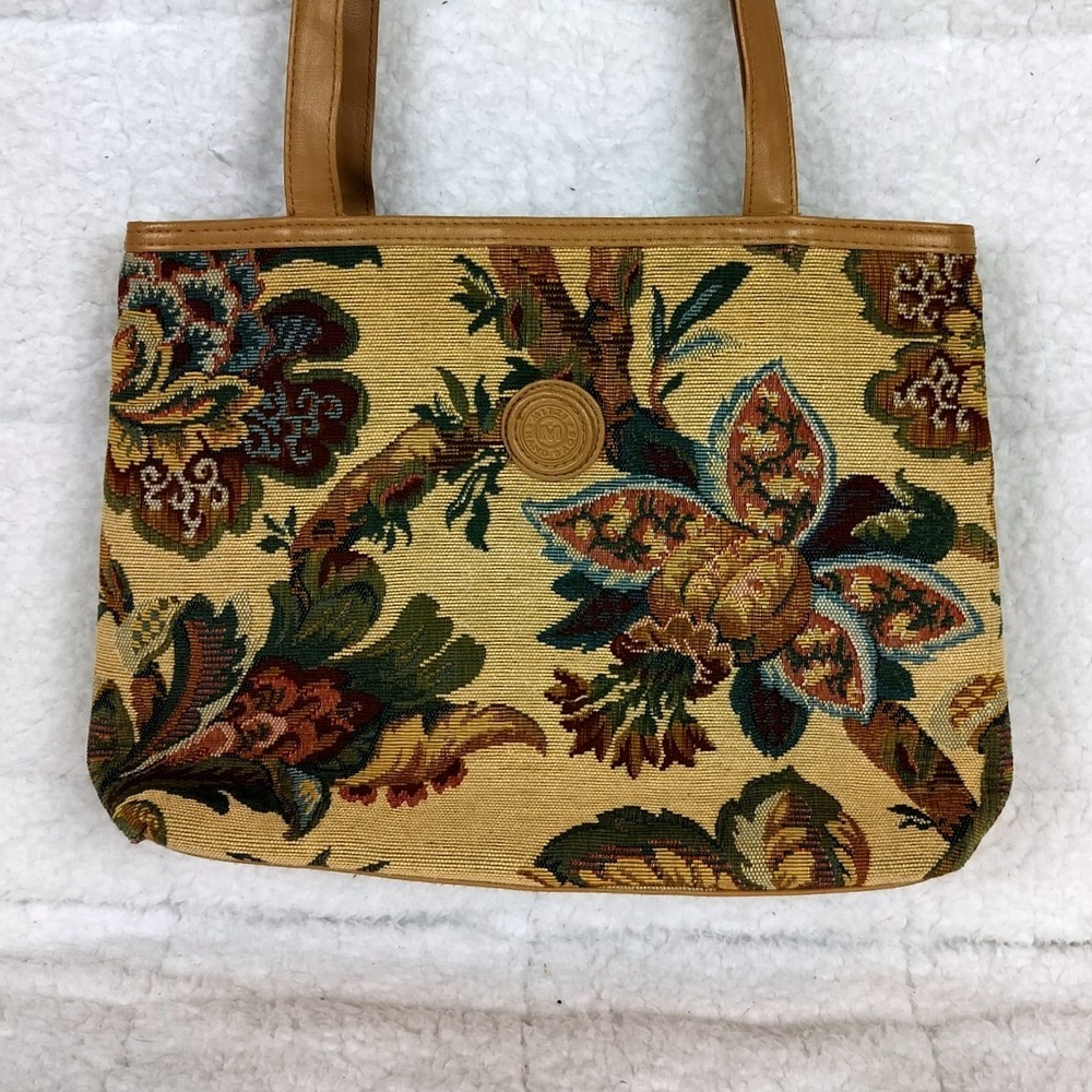Vintage Floral Tapestry Shoulder Bag Tan Woven‎ Multi Compartment Handbag Mitzi